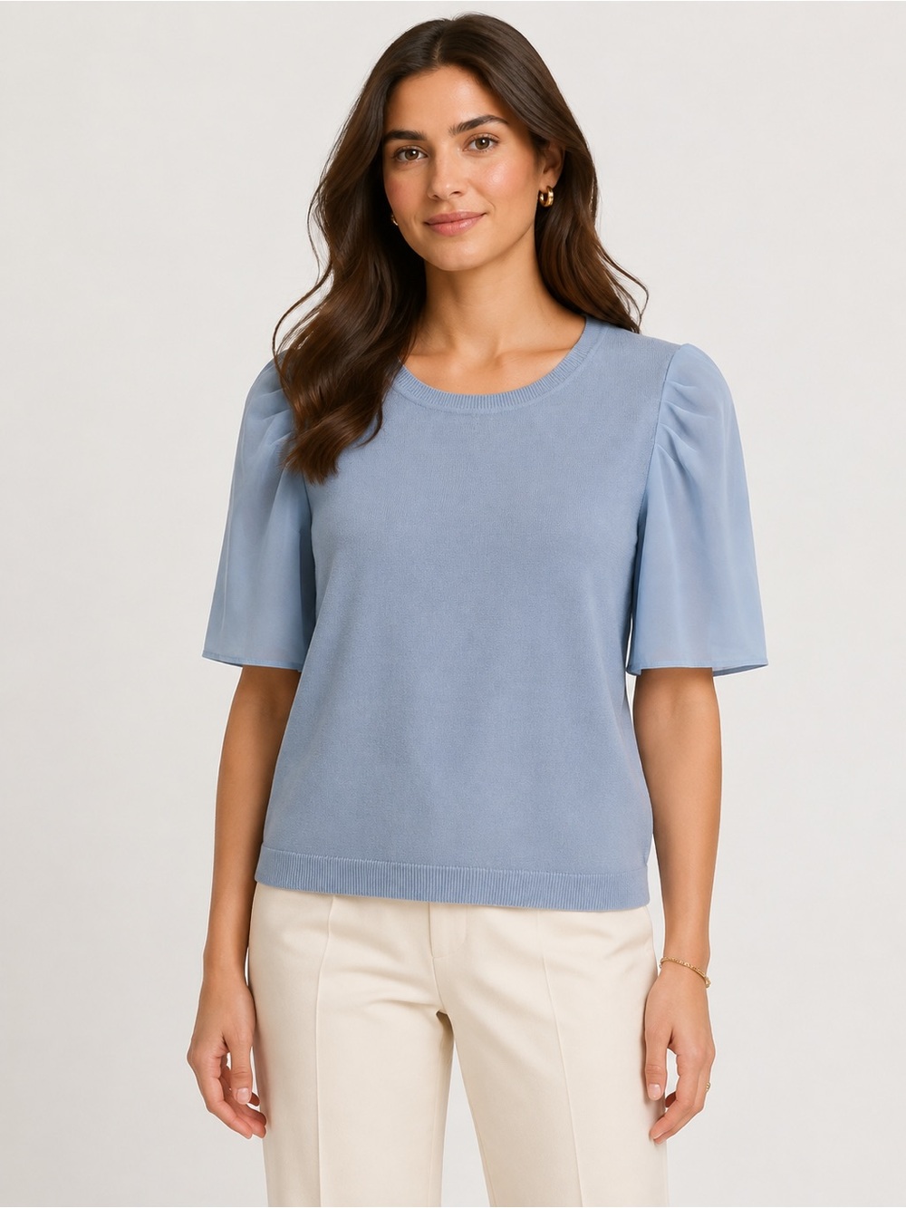 🌺 Adrianna Papell Troposphere Blue Chiffon Puff Sleeve Sweater Top